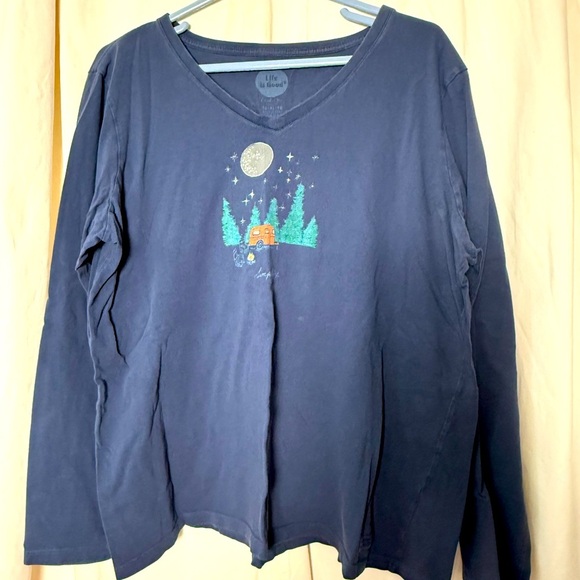 Life is Good Crusher Tee V-Neck Long Sleeve Camping Tee "Simplify" *Flaw* - Picture 1 of 6
